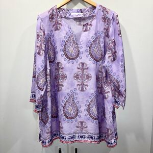 Violet + Claire Tunic Blouse Women 2X Purple Medallion Paisley Boho 3/4 Sleeve